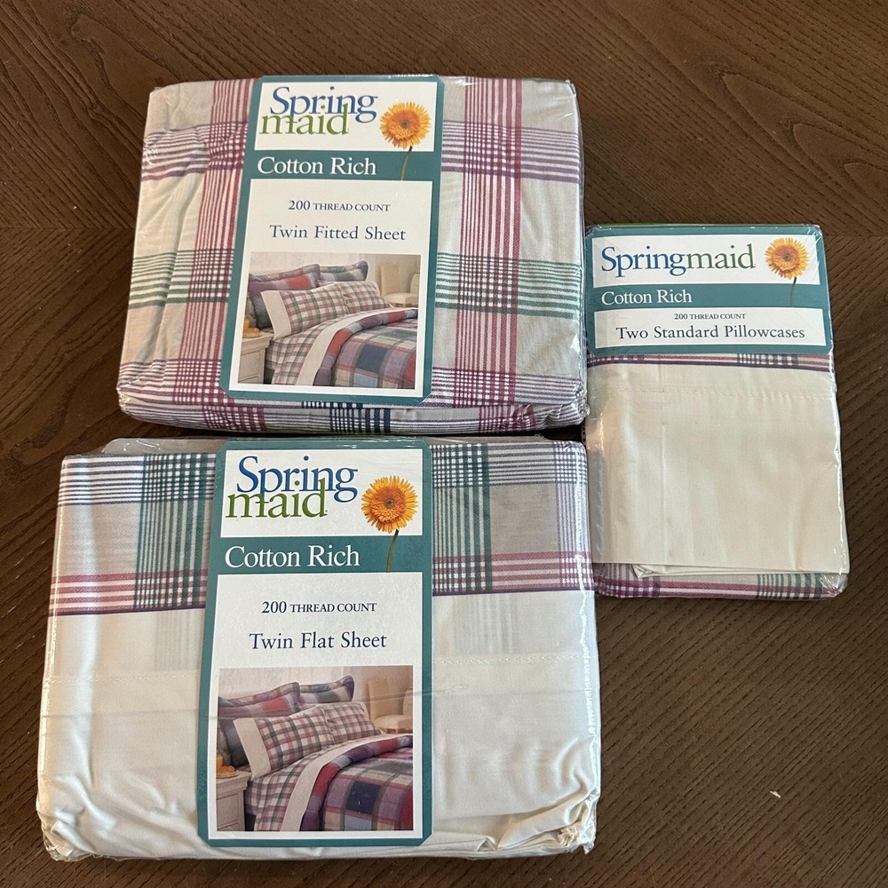 Vintage Springmaid Cotton Rich Twin Flat Sheet NEW Scotts Plaid‎ Pink Green